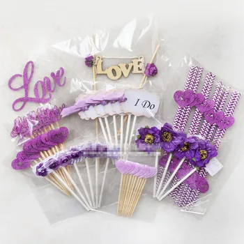 

58pcs Elegant wedding purple dessert table arrangement, flower Cupcake Toppers creative wedding dessert table decoration