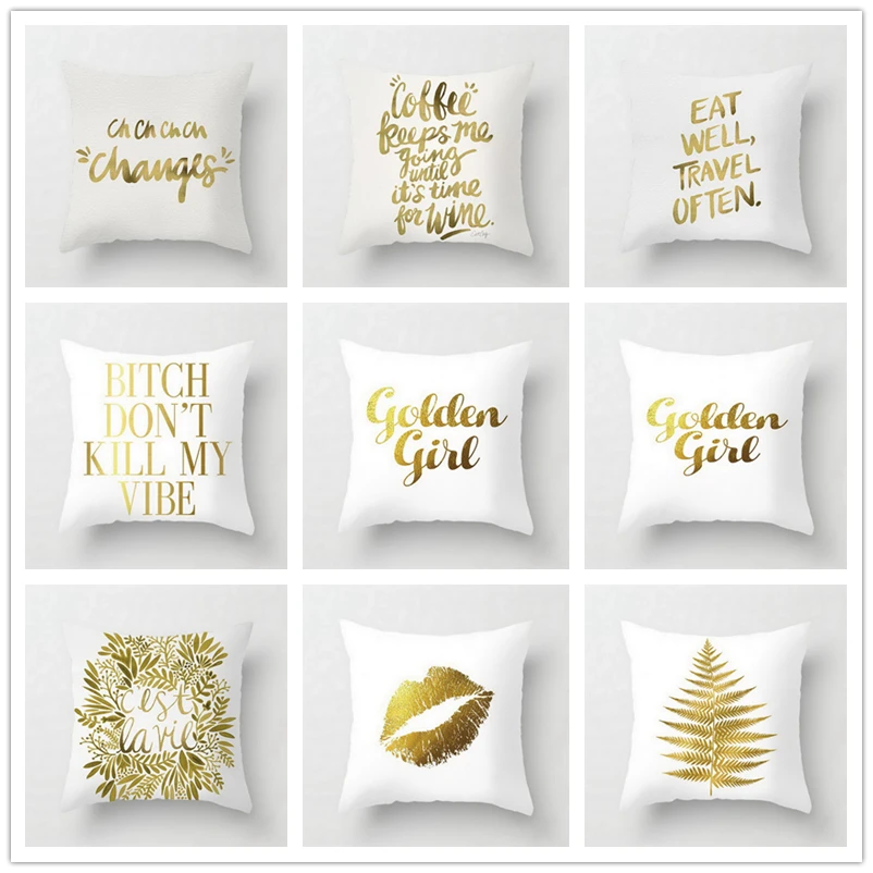 

Gold Letter Printed Cushion Covers White Simple Style Soft Home Decorative Pillow Cover Polyester Pillow Case 45*45cm