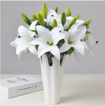 

5pcs/lot 3 heads(one flower and two bud) real touch PVC artificial lily silk decorative flower for wedding decoration gift