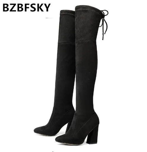 

BZBFSKY2018 New Flock Leather Women Over The Knee Boots Lace Up Sexy High Heels Women Shoes Lace Up Winter Boots Warm Size 34-43