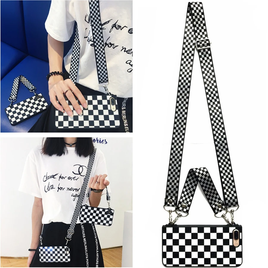 

For iphone XR XS MAX 8 7 plus 6 6s plus X case cover Retro black white grid with shoulder strap soft silicone protective shell