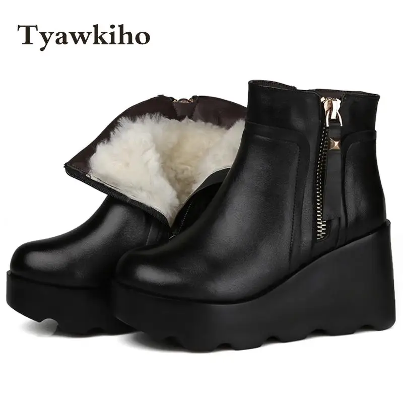 Tyawkiho Winter Women Snow Boots Black Genuine Leather Ankle Boots