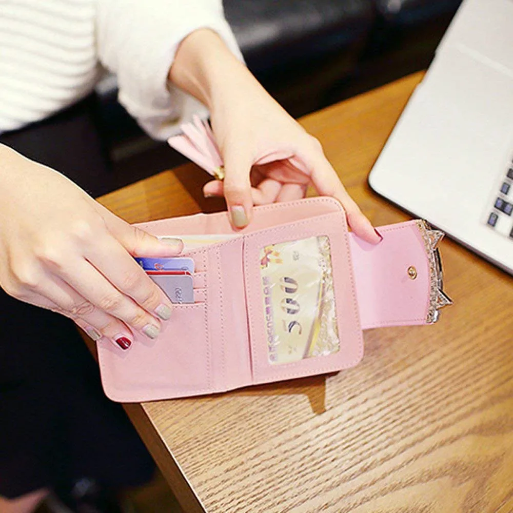 Women Cat Ear Wallet Adorable Pink Tassel Coin Small Purse Money Card Holder for Ladies,Girls06
