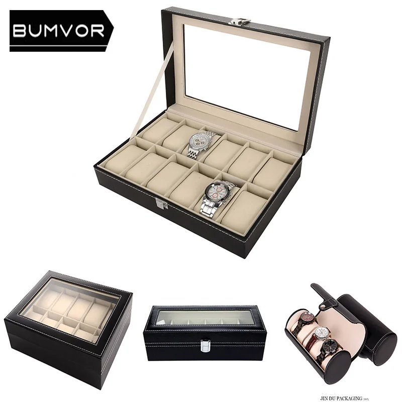 

3/6 /10/12 Slots Grid Watch Box Display Box Watch Jewelry Black PU Leather High-grade Silver Plated Button Watch Box