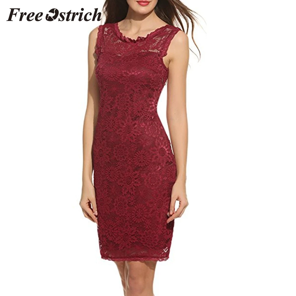 

Free Ostrich 2019 Women's Work Wear Dress Fashion Sleeveless Lace Dress Loose Party Dress Lace Solid Sheath Sexy Dress For Lady