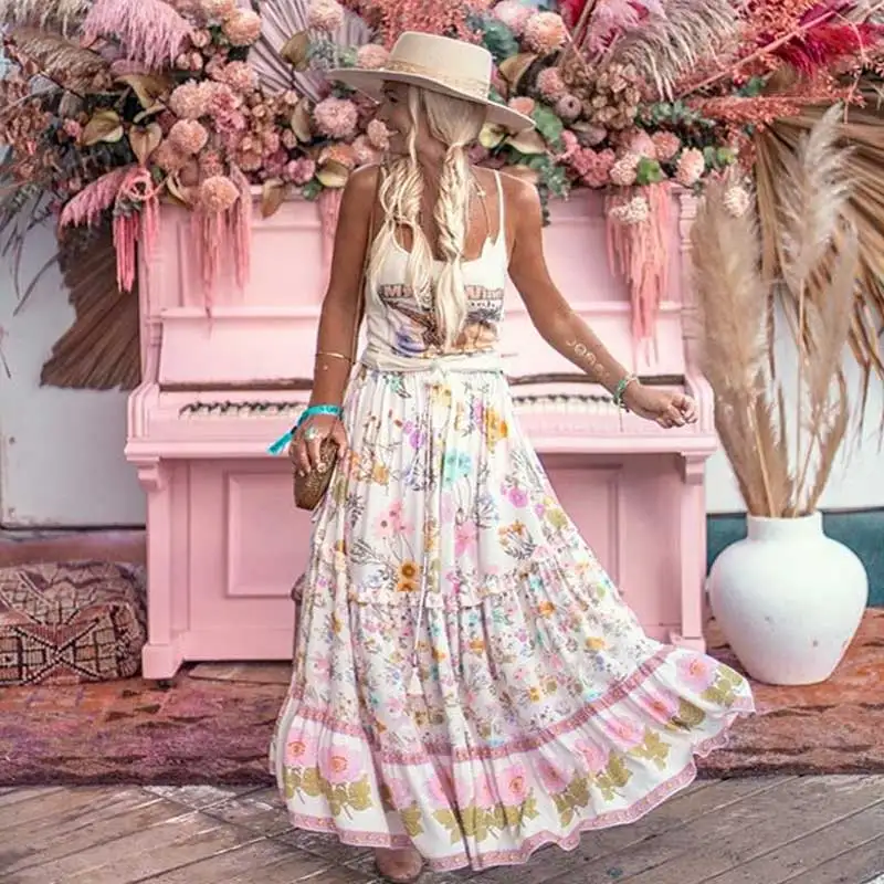 

Boho Inspired Wild floral printed maxi skirt tiered ruffle trim skirts women elastic waist boho skirt gypsy girl long skirt 2019