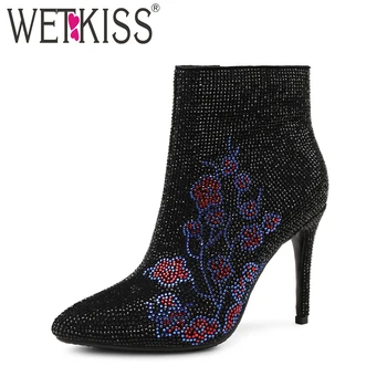 

WETKISS Crystal Ankle Boots Women Pointed Toe Flower Short Plush Footwear Winter Zipper Stiletto Boots High Heels Female Shoes