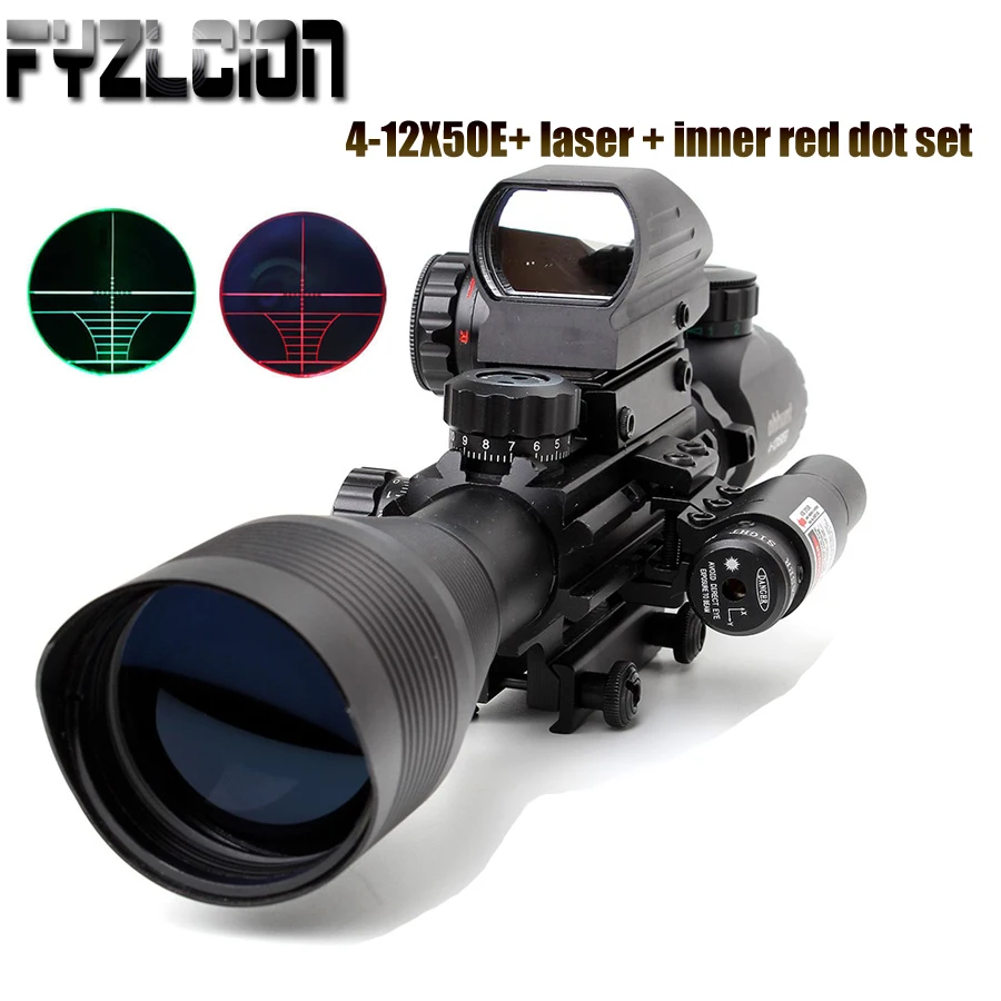 

Tactical Optics 4-12X50 Combo Riflescope Optics Sights Red Green Laser and Red Dot Sight with Picatinny Rail Mount Rifle Scope