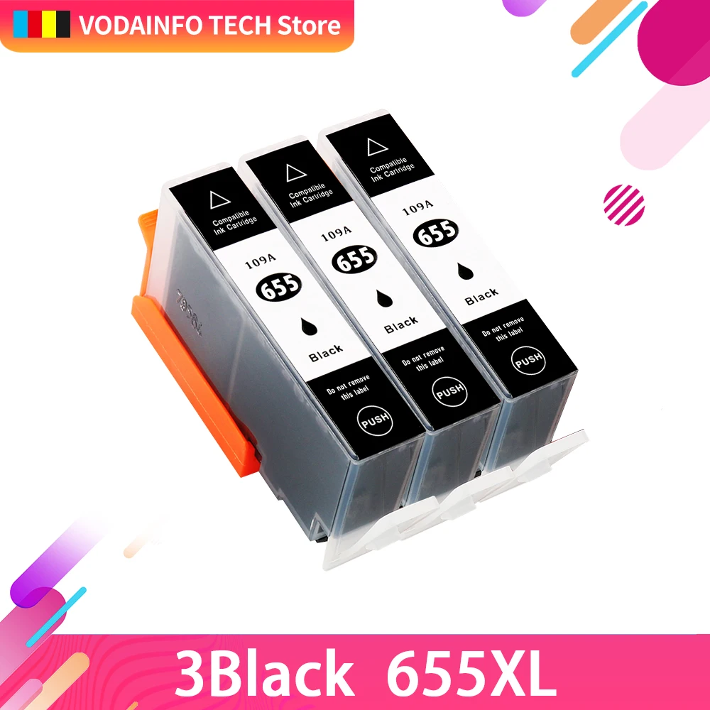 QSYRAINBOW 3PCS Compatible for HP 655 HP655  BK Ink Cartridge with chip For HP Deskjet 3525 4615 4625 5525 6520 6525 6625 yc 4 compatible ink cartirdge for hp 655 cartridge replacement for hp deskjet ink advantage 3525 4615 4625 5525 6525 6625 ink