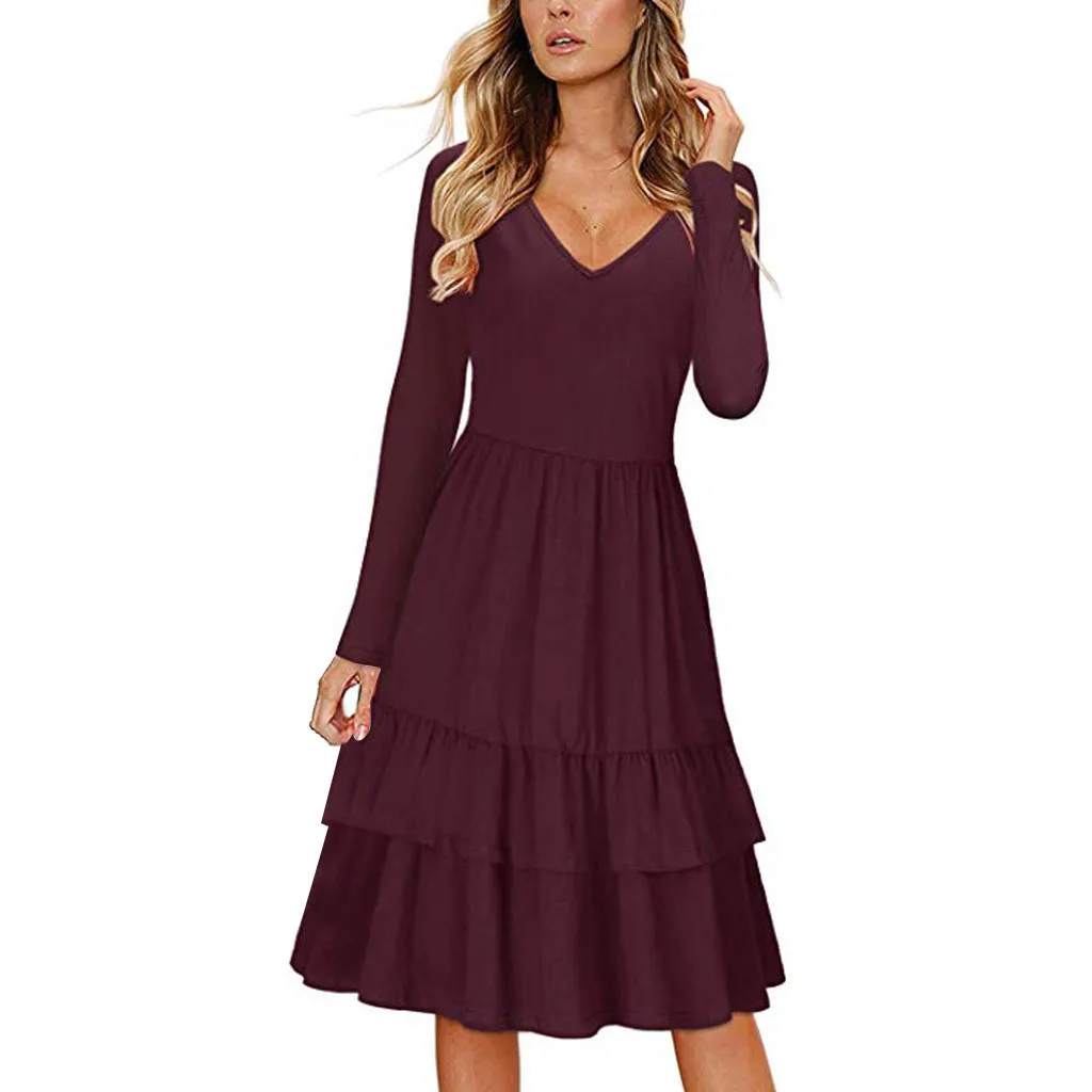 

Layer Pleated Ruffles Hem Swing Women's Dress Lady V Neck Solid Color Sleeveless Casual Short Dress Pockets A Line Dresses