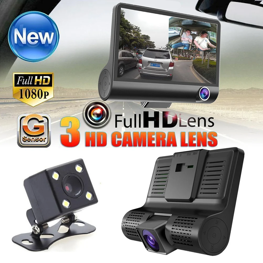 

4 Inch 3 Lens HD 1080P Vehicle Car DVR Dash Cam Three-way Video Recorder Rearview Camera G-sensor