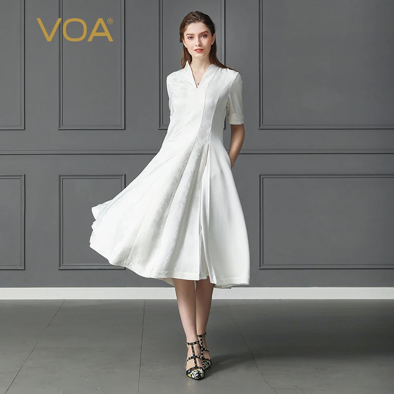 

VOA Heavy Silk Jacquard Solid White Dress Plus Size 5XL Office Party Harajuku V Neck Half Sleeve Slim Midi Vintage Women A163