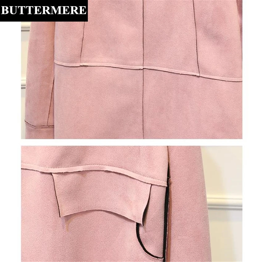 BUTTERMERE Brand Long Leather Jacket Women Pink Suede Jacket Solid Autumn Long Sleeve Plus Size Loose Casual Ladies Coat
