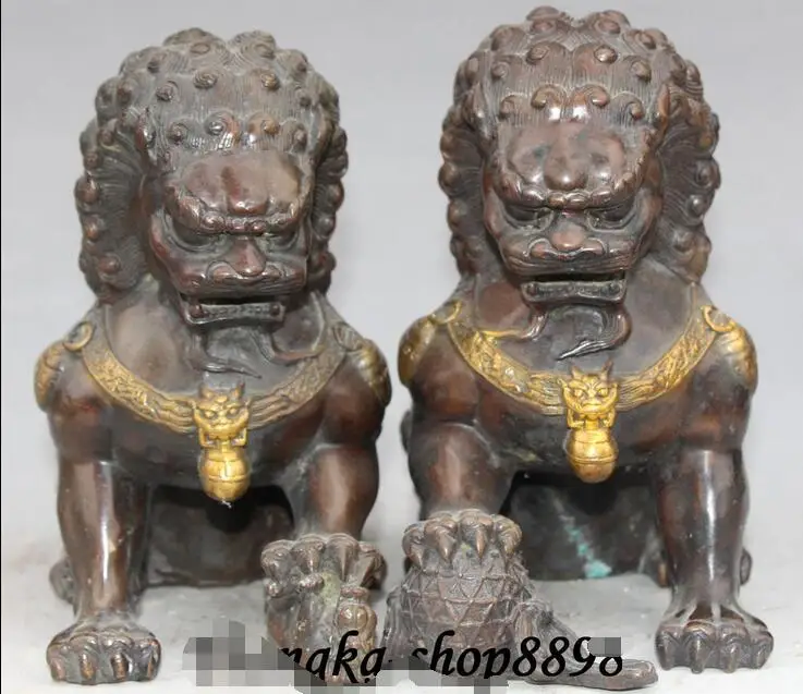 

7" Chinese Folk Fengshui Bronze Gilt Lion Fu Foo Dog Ball Beast Pair Statue