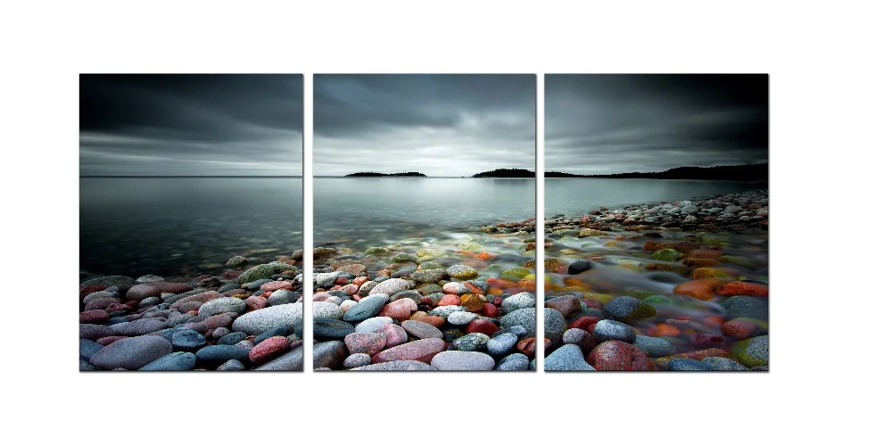 

3 Panels Landscape Canvas Prints Colorful Stones Sea Beach Sunset Wall Picture for Living Room Stretched Frame Ready to Hang