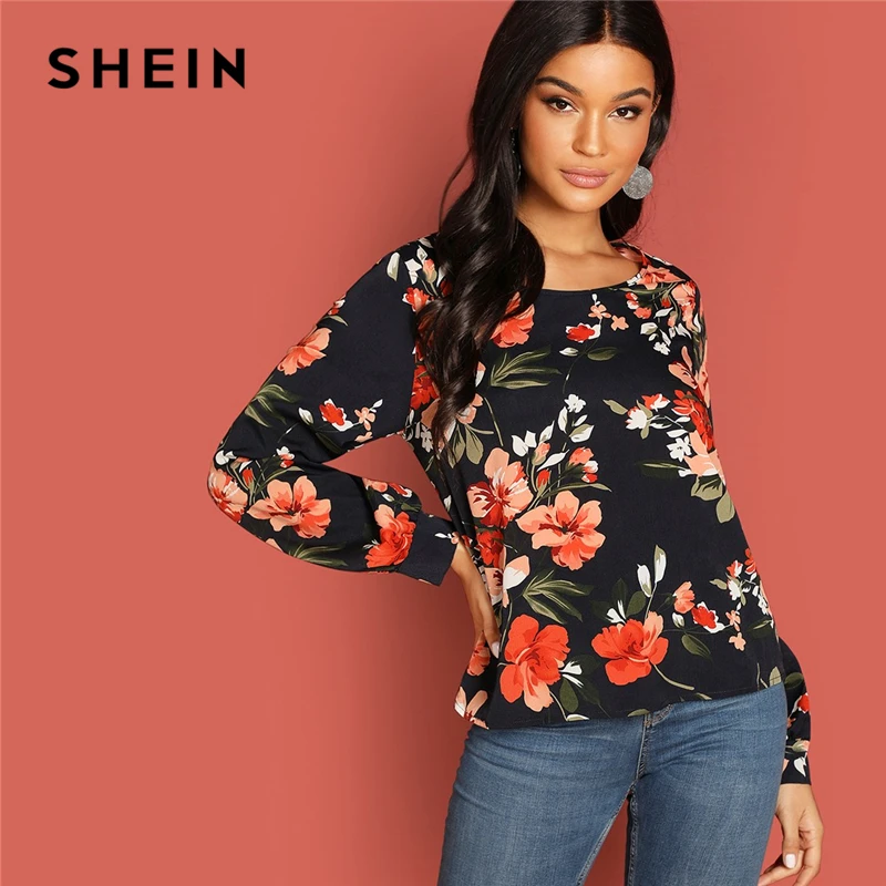 

SHEIN Multicolor Highstreet Flower Print Round Neck Top Autumn Modern Lady Women Tops And Blouses
