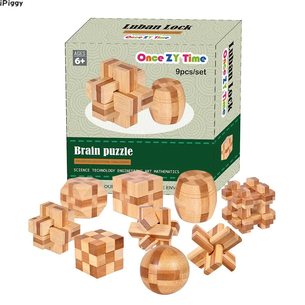 

iPiggy 9pcs/lot 3D Eco-friendly Bamboo Wooden Toys IQ Brain Teaser Burr Adults Puzzle Educational Kids Unlocking Games