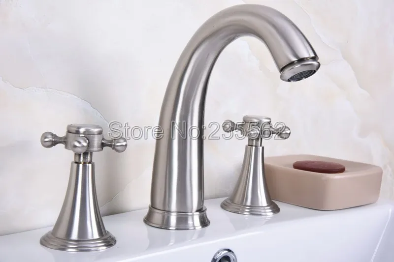 

Brushed Nickel Bathroom & Kitchen Basin Mixer Tap Sink Faucet Double Handles 3 pcs Bathroom Basin Faucet lbn017