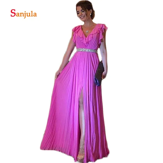 Special Offers Fuchsia Chiffon A-Line Long Bridesmaid Dresses V Neck Ruffles Beaded Sequins Leg Slit Sexy Wedding Party Dress Back Cross  D382
