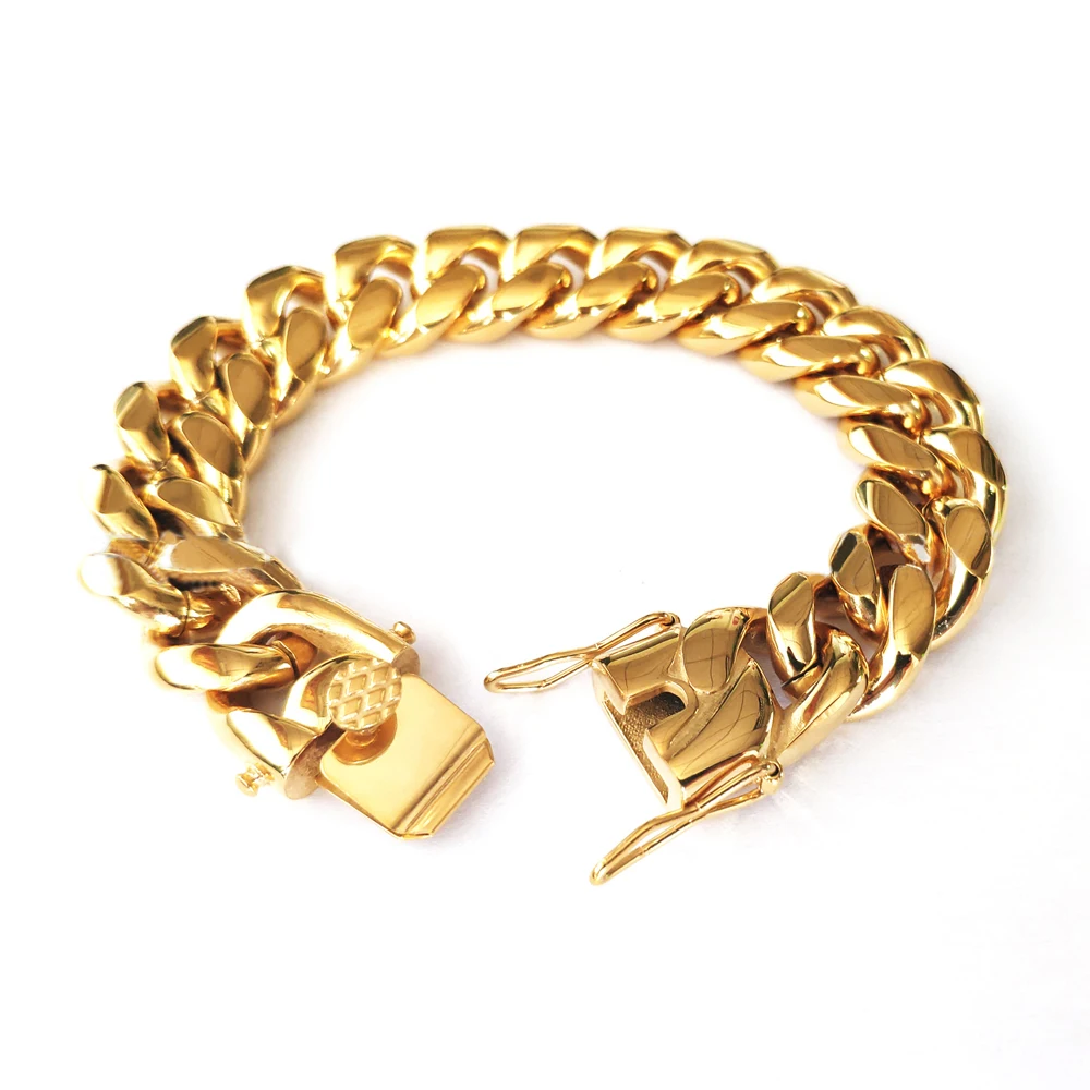 

5/8/10/12/14/16/18mm Hip Hop Bracelets High Polish Gold Filled Cuban Chain Men Women Punk Curb Bangle Double Safety Clasps