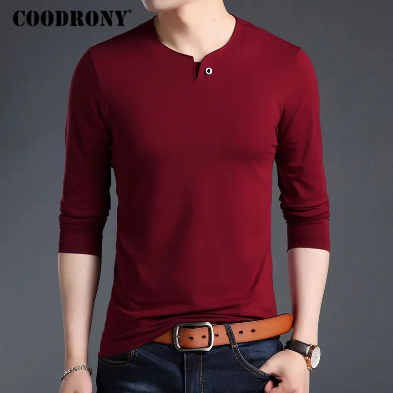 COODRONY T Shirt Men Casual Button Collar Long Sleeve T-Shirt Men Clothing 2018 Autumn Tops Slim Fit Cotton Tee Shirt Homme 8603