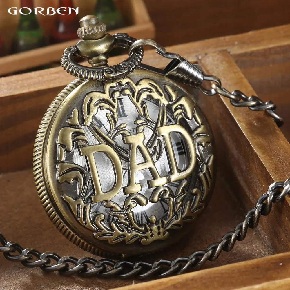 

2016 GORBEN Bronze Hollow Carving DAD Quartz Pocket Watch Men Roman Number FOB Waist Chain Father's Day Gifts Relogio De Bolso