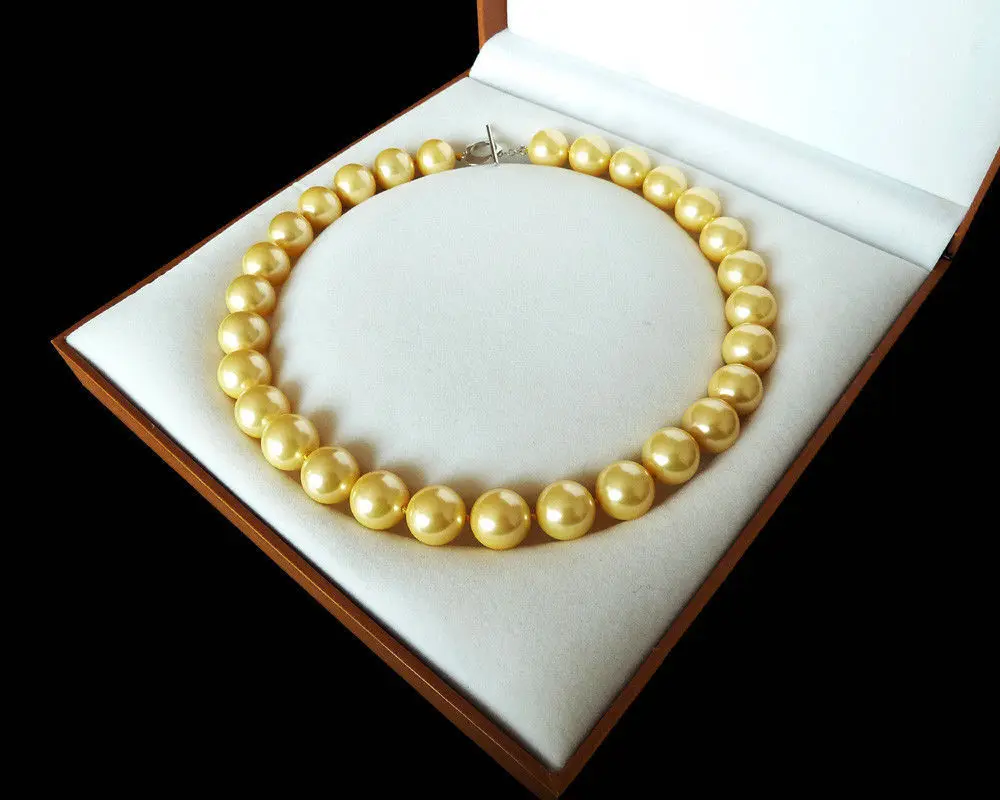 

0002501 100% Real natural AAA+14mm gold yellow shell pearl fashion necklace 18'' A++++