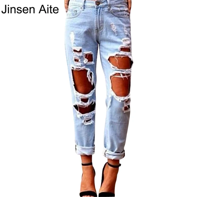 European Style Jeans Woman Summer Fashion Streetwear Big Hole Novelty Slim Full Length Ripped