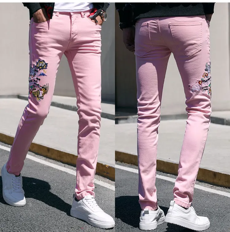 Fashion Streetwear Mens Jeans Slim Fit Elastic Punk Pants Hip Hop Jeans Embroidery Denim Trousers Men Pink Yellow Green Color