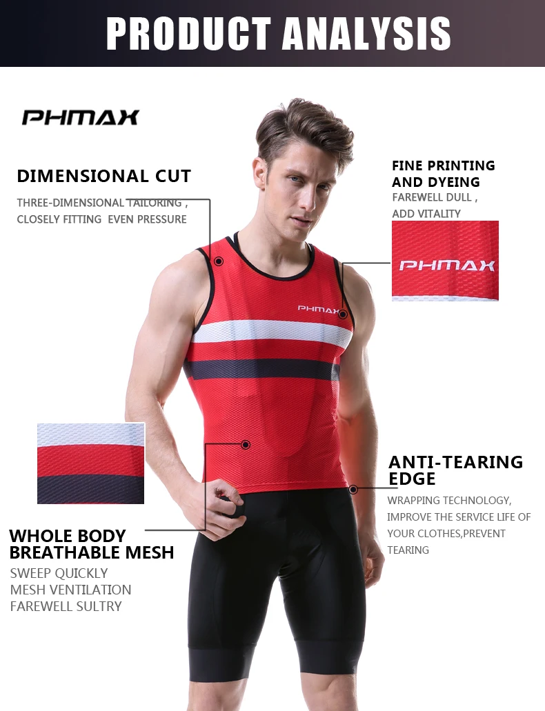 PHMAX 4 цвета Pro Велоспорт базовый слой без рукавов Велоспорт Нижнее белье быстросохнущая дорожный велосипед рубашка мужская сетка дышащий велосипедный трикотаж