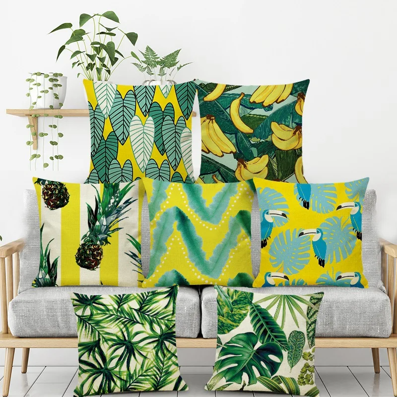 

New Tropical Plants Palm Leaf Green Leaves Cushion Covers Banana Banana Leaf Cushion Cover Decorative Beige Linen Pillow Case