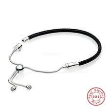 Летняя коллекция стерлингового серебра 925 скользящий черный кожаный браслет прозрачный CZ Подходит для оригинальных браслетов ювелирные изделия QANDOCCI