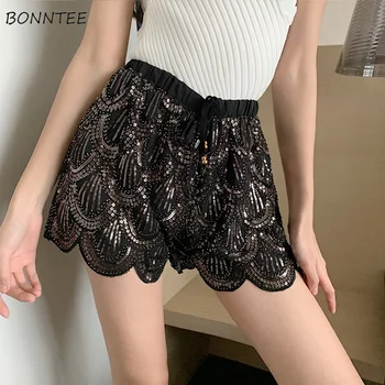 

Shorts Women 2020 Summer Ladies Temperament Sequins Stylish Womens Wave Side Straight Leisure Graceful Elastic Drawstring Trendy