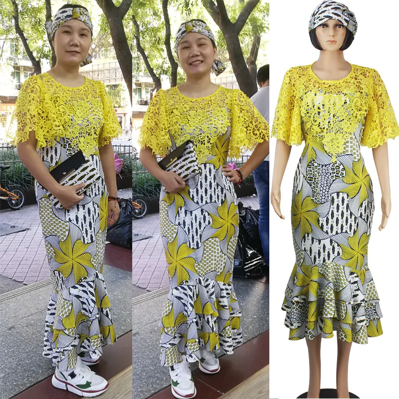 

2019 African women's dress two-piece silk printing wax cloth printing African clothing bag hip long dress dress D181212