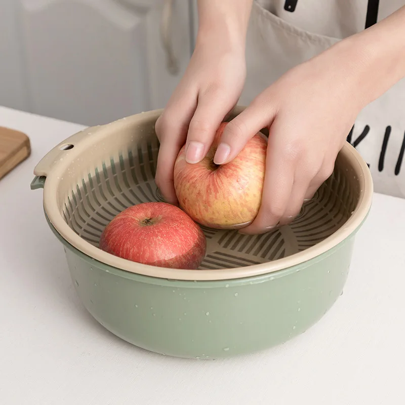 Strong Double Layer Kitchen Drain Basket Fruit Vegetable Washing Basket Plastic Kitchen Tools Cleaning Storage Basket Organizer