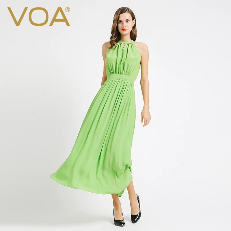 

VOA 2017 summer light green sleeveless silk dress long slim fold beach dresses female A6638