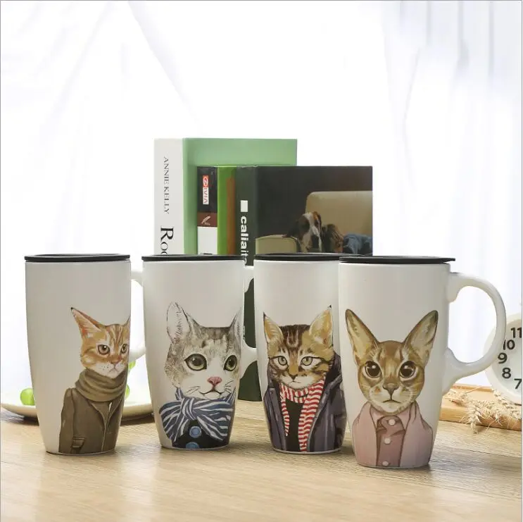 

500ml Cute Cat Ceramics Coffee Mug With Lid Large Capacity Animal Mugs creative Drinkware Coffee Tea Cups Novelty Gifts milk cup