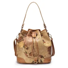 2016 neue frauen Gedruckt Karte Leder Vielseitig Kordelzug Schultertasche Mode Eimer Tasche