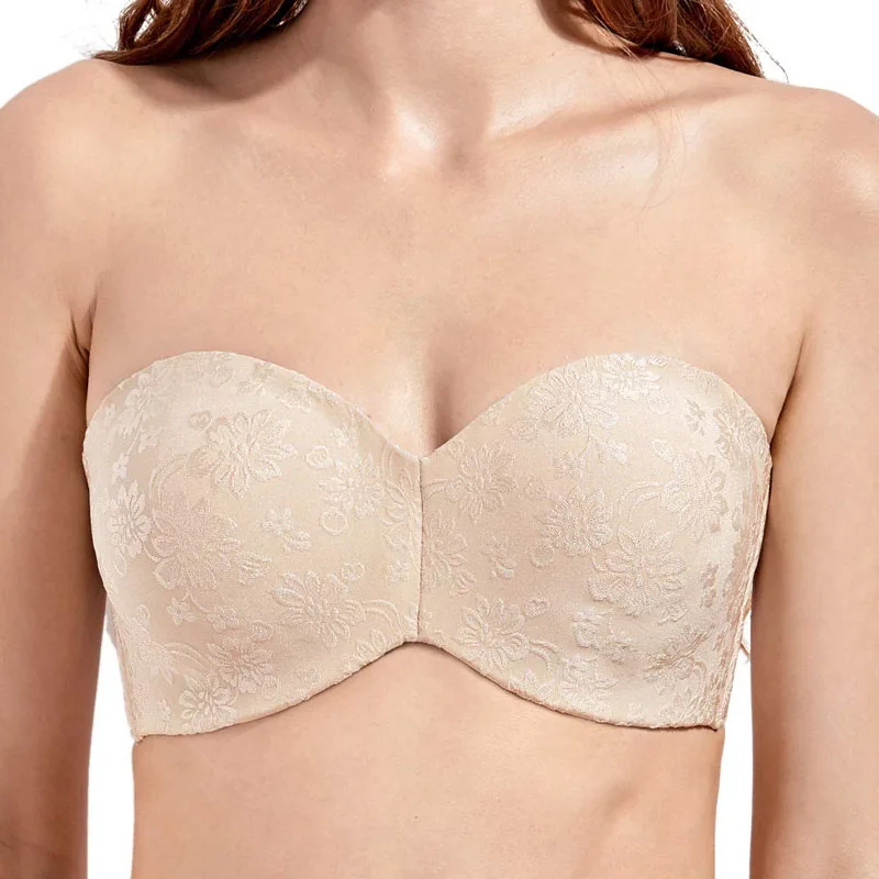

32 34 36 38 40 42 B C D DD E Women's Underwire Multitway Seamless Demi Cup Floral Jacquard Non-padded Strapless Bra