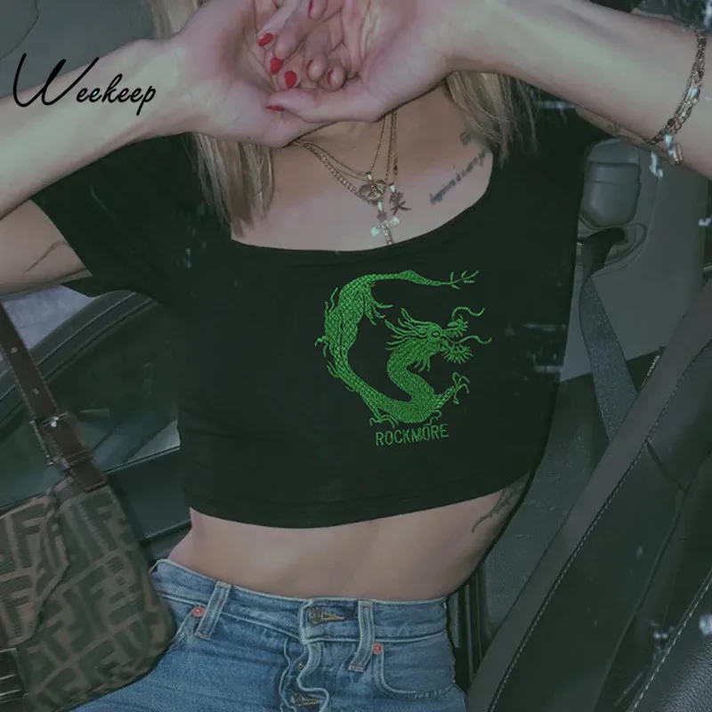 Weekeep, черная укороченная футболка с квадратным воротником, женская уличная футболка с вышитым драконом, Женская Летняя Сексуальная футболка