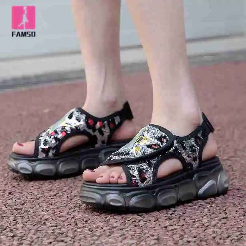 

FAMSO 2019 Shoes For Women Sandals Peep toe Sequined Cloth glitter Sport Large Size 35-42 Summer Fashion Sport Sandals Shoes
