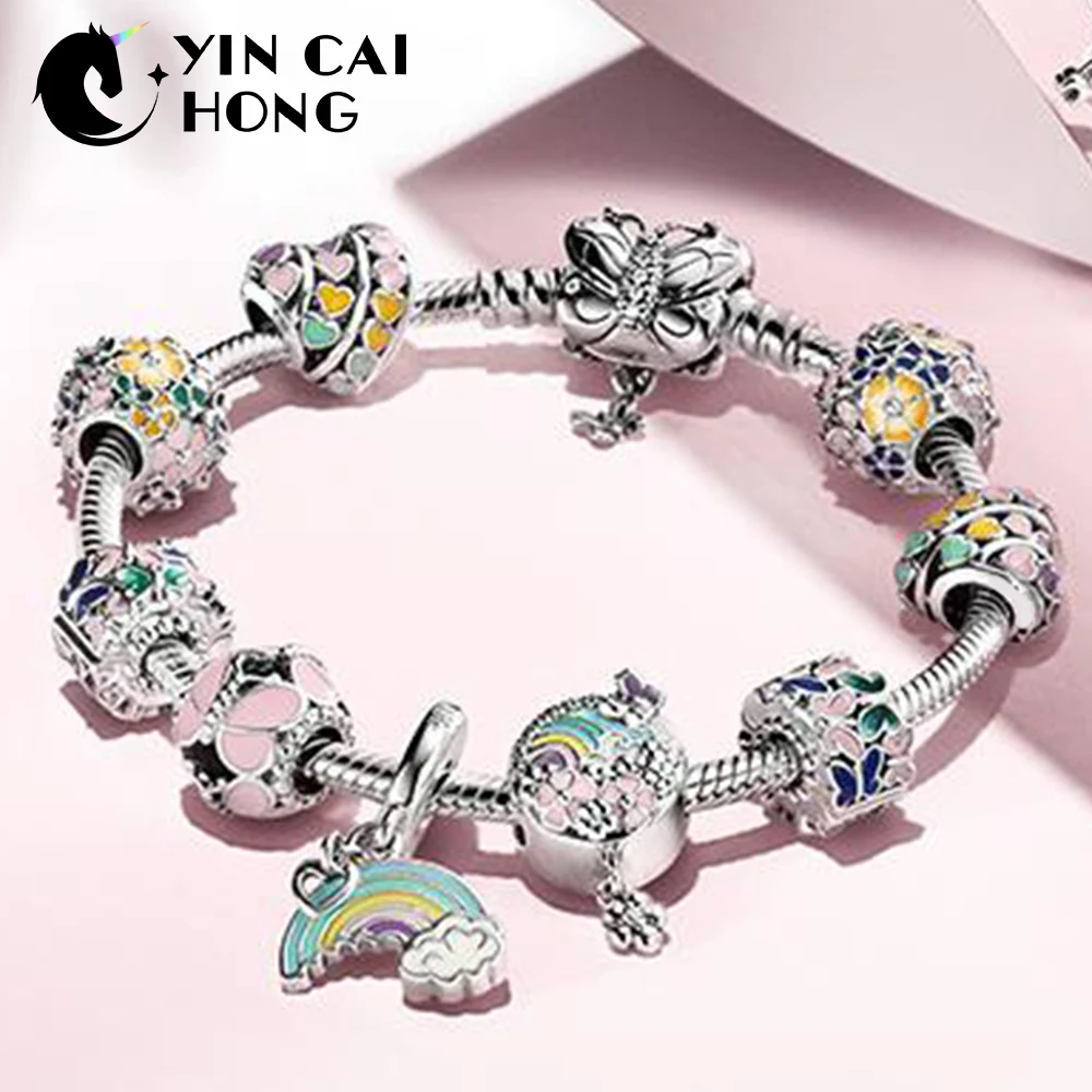 

YCH 100% 925 Sterling Silver Flower Spring Fun Paradise Rainbow Butterfly Strings Dreamland Bracelet Gift Set New Launch