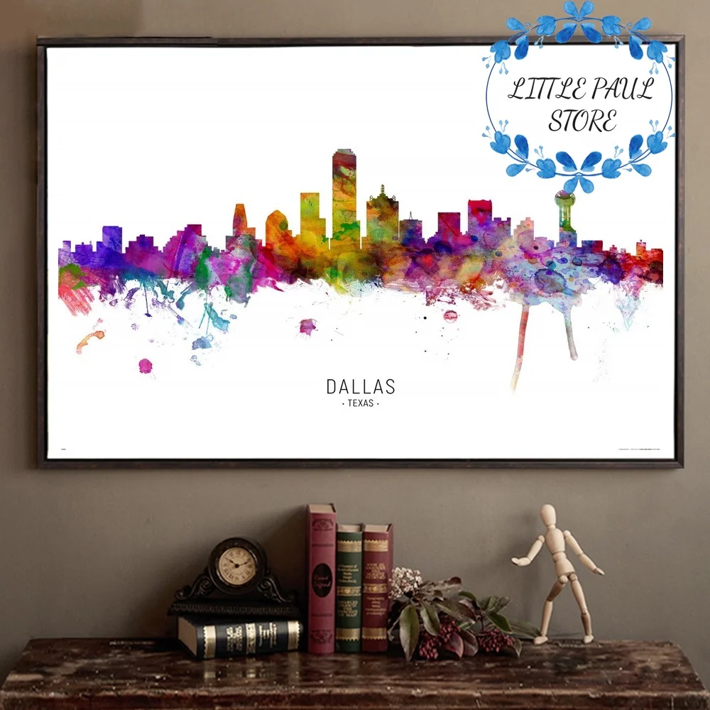 El Paso Houston San Antonio Fort Worth Dallas Texas USA Skyline Art