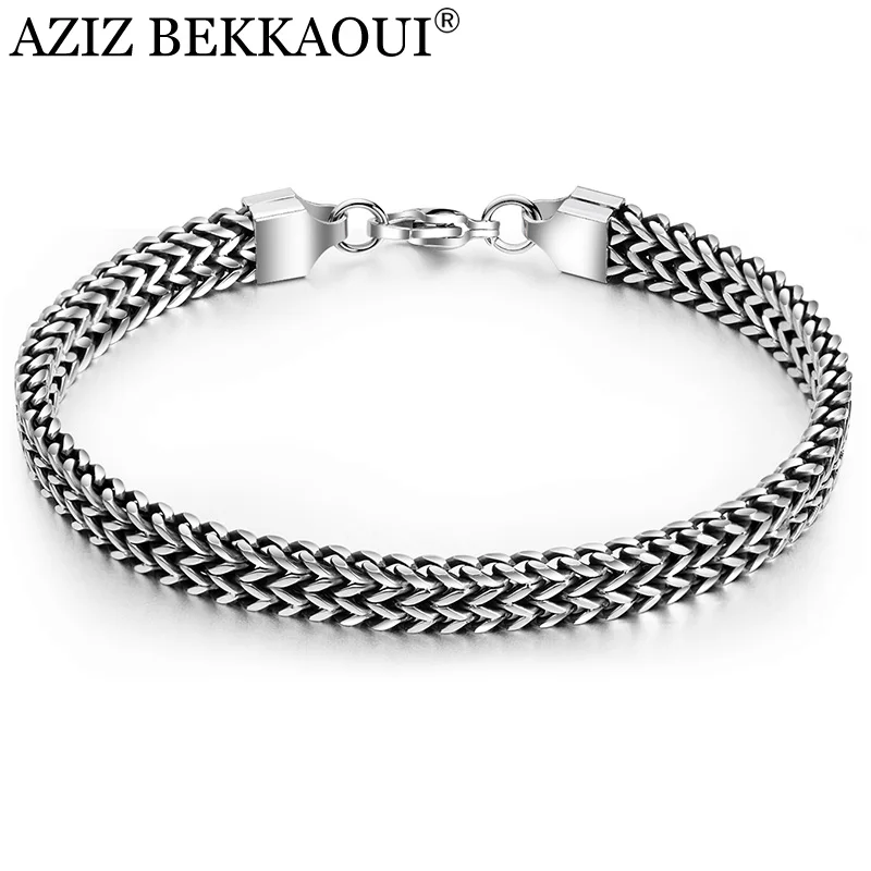 

AZIZ BEKKAOUI Punk Men's Bracelet & Bangle Vintage Stainless Steel Chain Bracelet for Men Double Link Chain Bracelets Jewelry