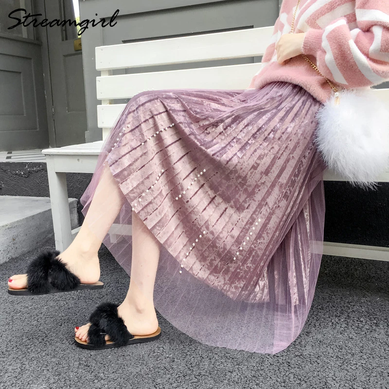 

Streamgirl Pleated Velvet Skirt Female Tulle Skirt Long Skirts For Women 2019 Spring Tulle Pleated Elegant Black Skirts Women