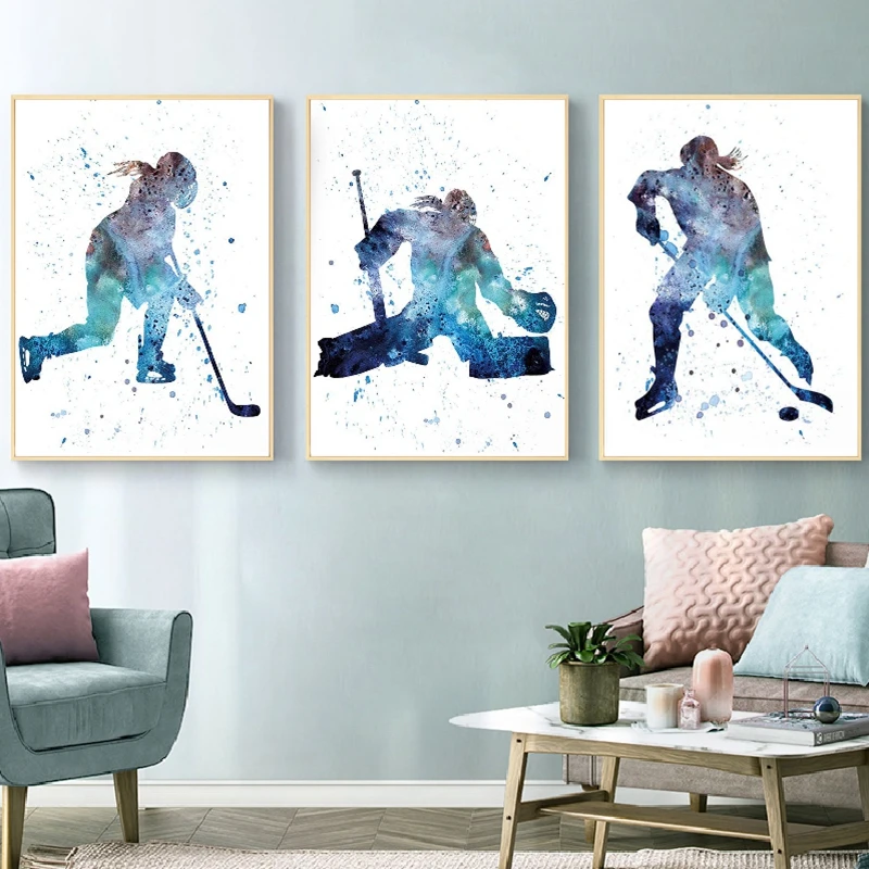 Ice Hockey Girls Watercolor Wall Art Canvas Painting Female Hockey
