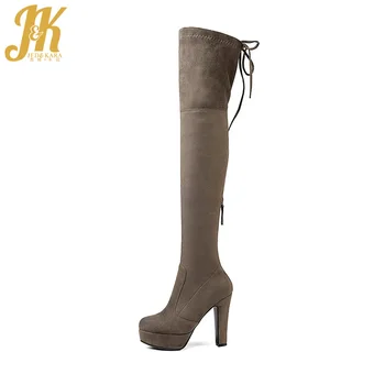 

JK 2018 Latest Women Stretch Over Knee Boot Faux Suede Thick High Heels Platform Boot Zipper Lady Shoes Winter Big Size