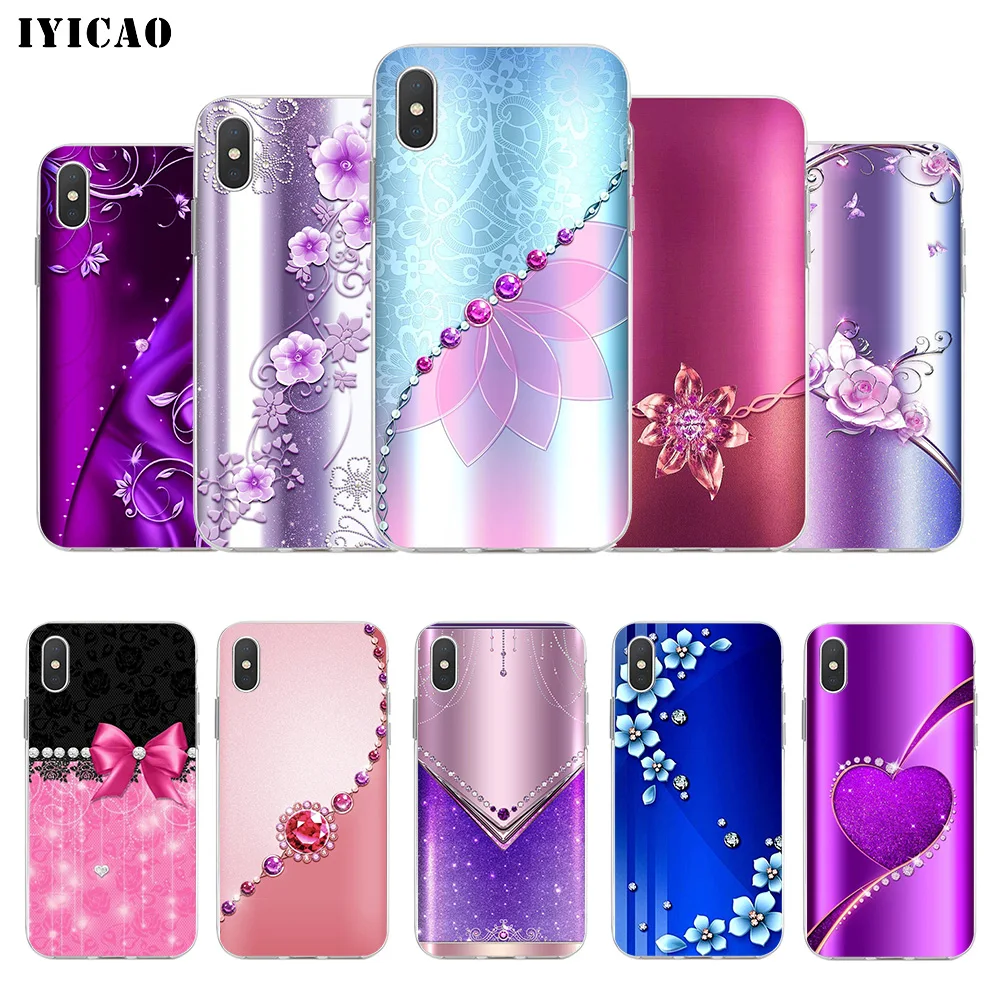 

IYICAO Crystal Rhinestone Flower print Soft Silicone Phone Case for iPhone X XR XS MAX 6 6s 7 8 Plus X 5 5S SE TPU Cover