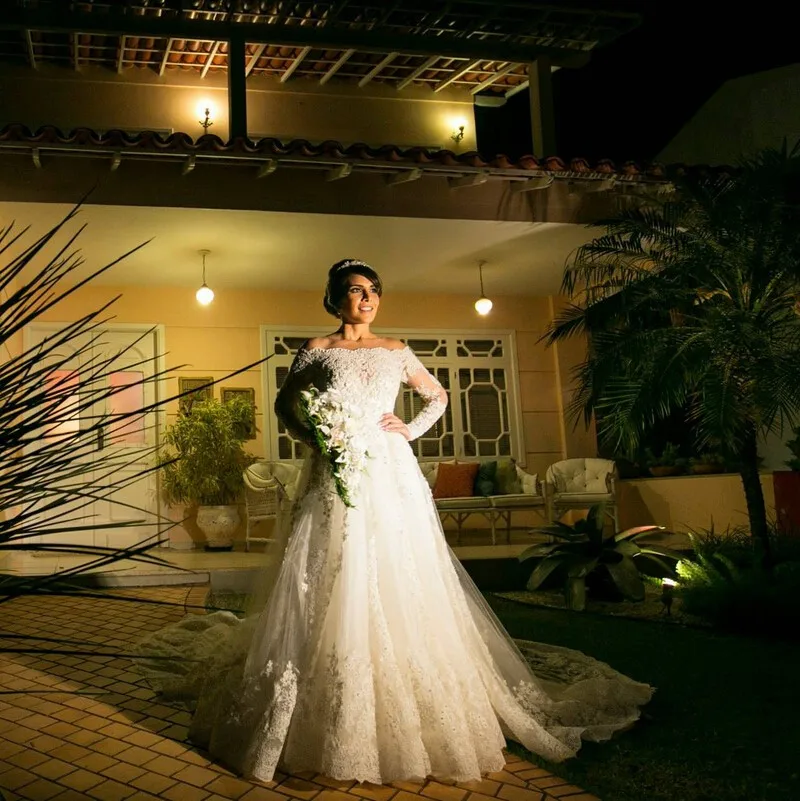 Длинные рукава Vestido De Noiva 2019 мусульманские свадебные платья трапециевидной формы тюль кружево бисером Boho Дубай арабское свадебное платье