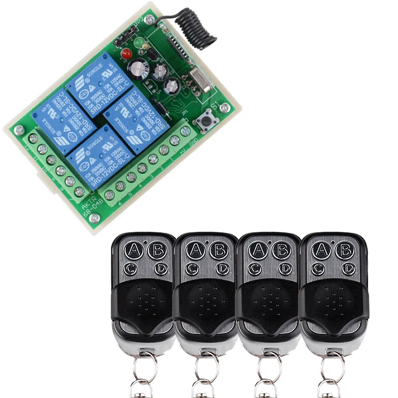 

DC12V 4CH RF Wireless Remote Control System Smart Home Switch 4 Transmitter and 1 Receiver Universal Gate Controller